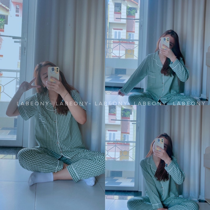 [Set Dài]Đồ ngủ caro dài Pyjama nữ đồ mặc ở nhà chất kate lụa Labeony
