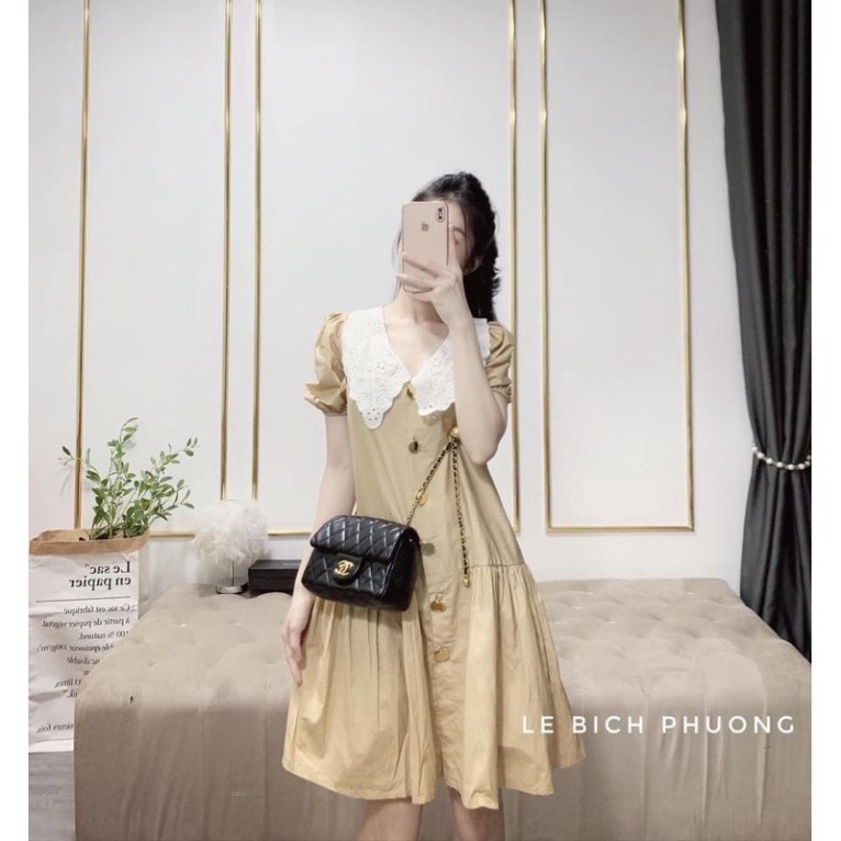 Váy baby doll ,  váythiết kế cổ yếm phối ren sẵn màu nâu tây-XIAOMIMI