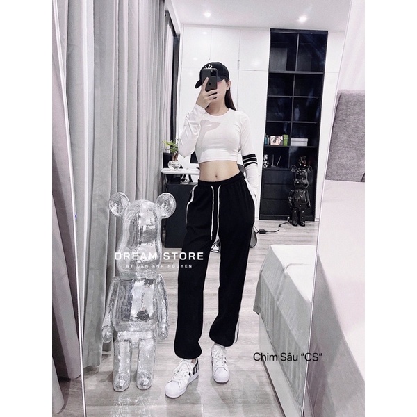 SET áo thun body crop 3 sọc + quần jogger đen viền sọc trắng - 22.Lystore