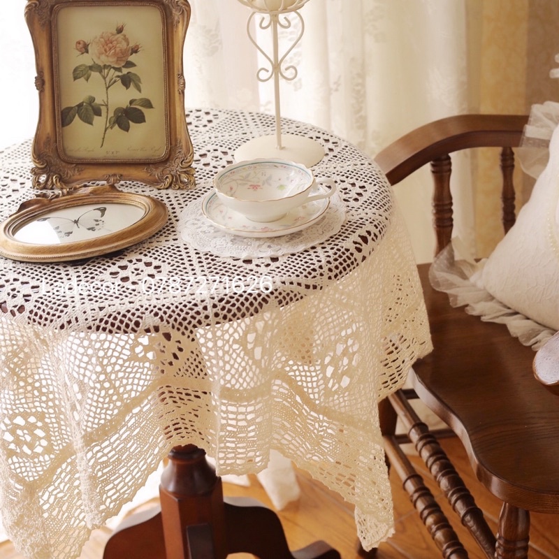 Khăn trải bàn vintage, khăn ren trắng ngà decor phong cách Hàn Quốc