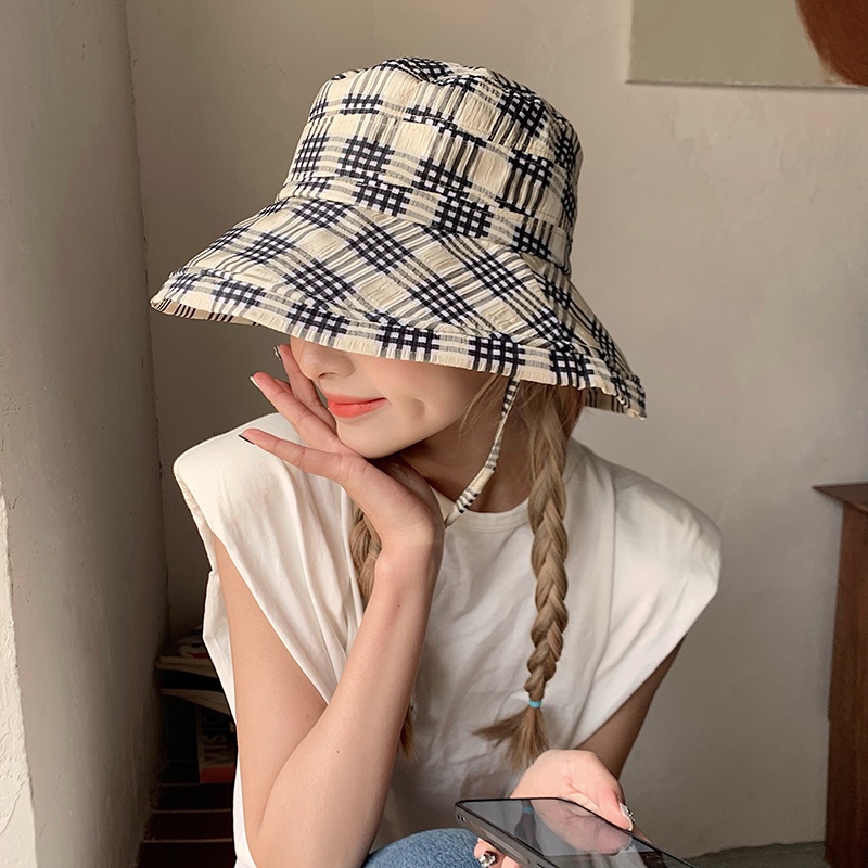 Nón Bucket Rộng Vành Họa Tiết Sọc Caro Phong Cách Nhật Bản Thời Trang Mùa Hè Cho Nữ