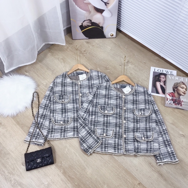 Áo Khoác Dạ Kẻ Viền Nhũ Cúc Ngọc 2 Lớp Sang Chảnh