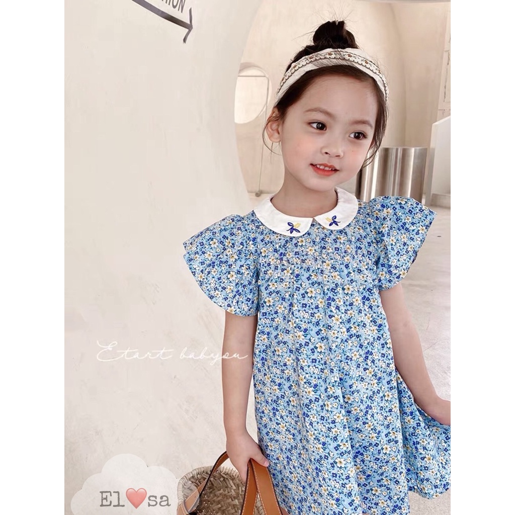 Váy bé gái,Váy Babydoll Xanh Hoa Nhí Cổ Thêu Siêu Xinh VAY013