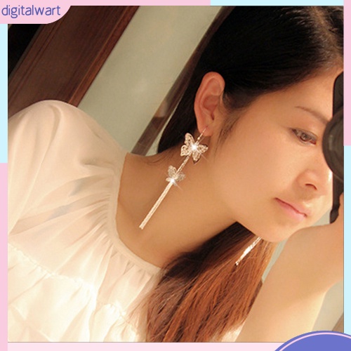 Đôi khuyên tai 2 dây dài hình bướm đính đá quý nhân tạo lấp lánh sang trọng cá tính dành cho nữ