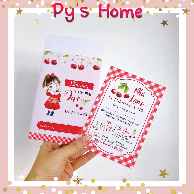 🍒 Thiệp Thôi Nôi - Sinh Nhật thiết kế cho Bé Gái - Chủ đề CHERRY
