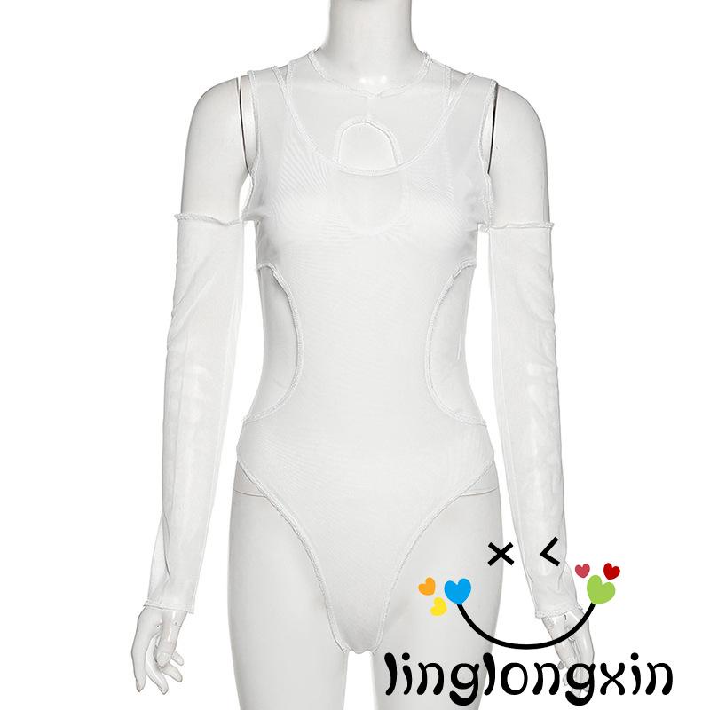 Linglongxi2-Women´s Long Sleeve Bodysuit, Pure Color Hollow Out Patchwork Round Neck Skinny Fit Playsuit, Casual Simple Romper