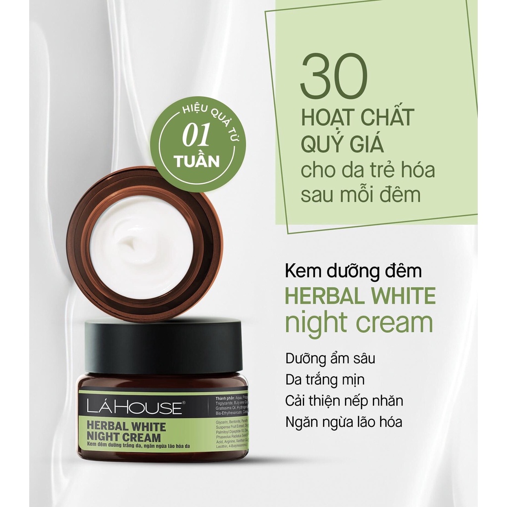 Kem dưỡng đêm Herbal White Night Cream Lá House phục hồi, tái tạo và làm trắng da - 10ml - 30ml