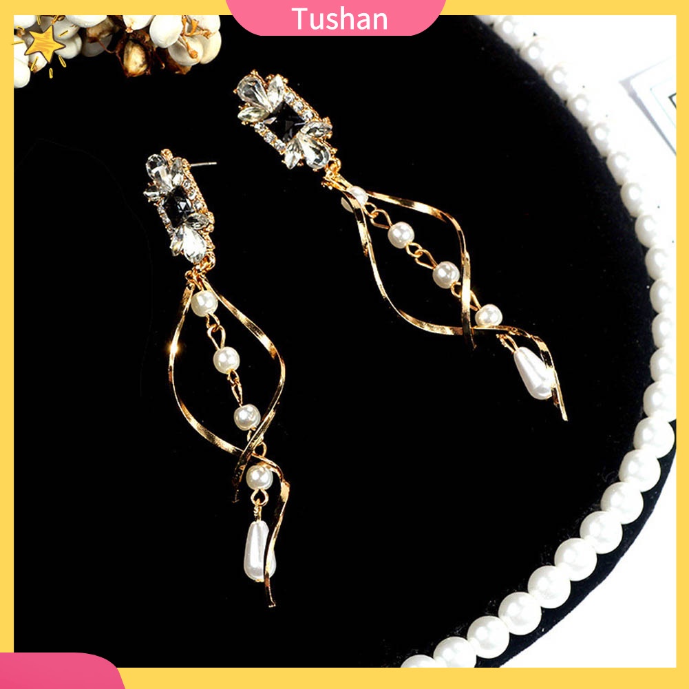 Khuyên tai dây thả xoắn dài đính đá ngọc trai giả thanh lịch