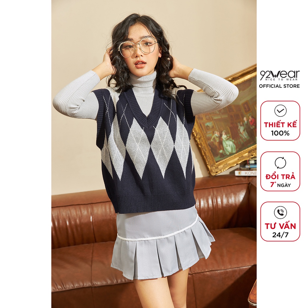 Áo len nữ sát nách hoạ tiết Argyle 92WEAR, thiết kế trẻ trung năng động ALA0059