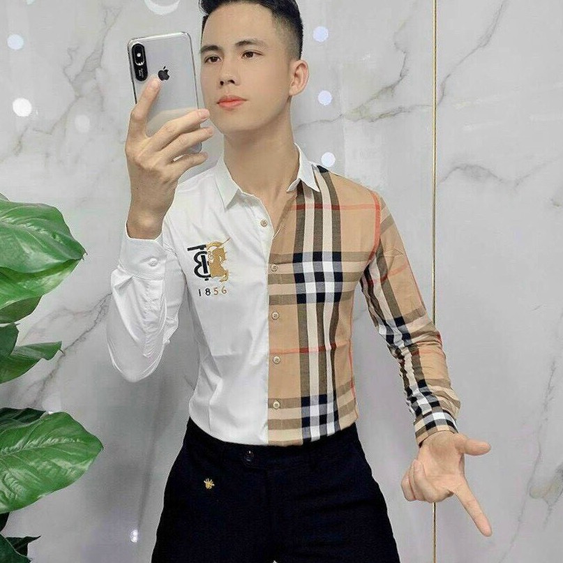 Áo sơ mi nam dài tay hàn quốc cao cấp caro phối kiểu BBR vải lụa mịn chống nhăn mẫu mới nhất AHFASHION