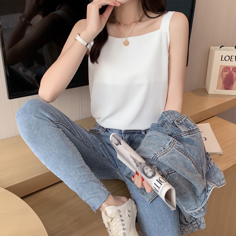 Áo voan RENJIANVSHENG không tay cổ vuông màu sắc đơn giản phong cách Hàn Quốc dành cho nữ