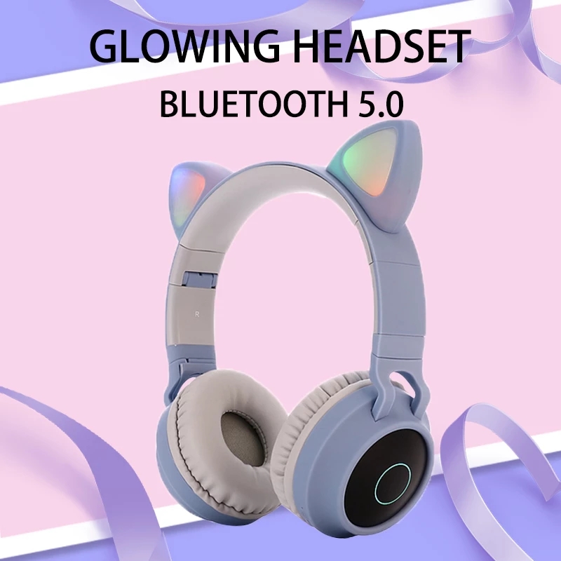 Tai Nghe Bluetooth 5.0 Hình Tai Mèo Có Đèn Led Chống Tiếng Ồn Hỗ Trợ Thẻ Nhớ Tf