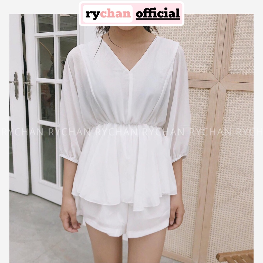 SE844 - Set Áo Trắng Cổ V Mix Quần Short Set Trắng Đi Biển Set Đi Chơi Voan Lụa 2 Lớp Dày Dặn