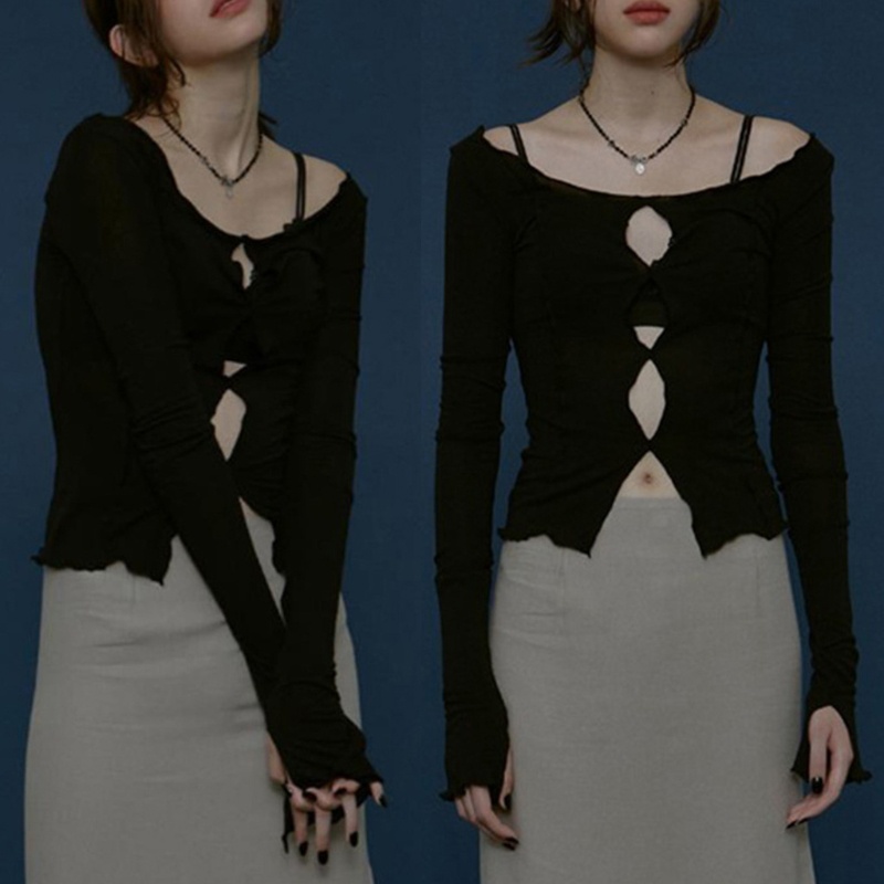 Mary Women Autumn Long Sleeve Off Shoulder T-Shirt Sexy Hollow Out Slit Hem Solid Color Crop Top Casual Slim Fit Cover U