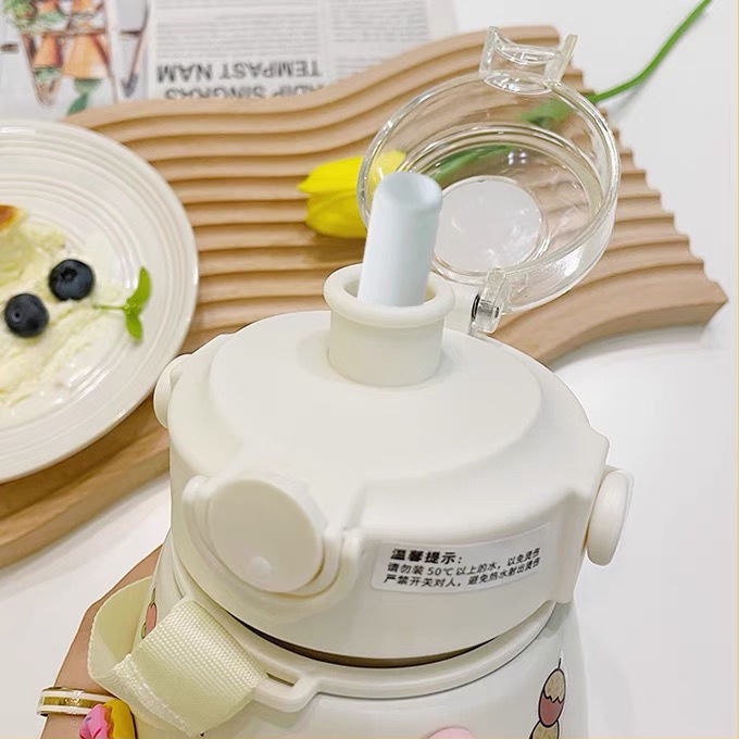 Bình Giữ Nhiệt 850ml, Bình Giữ Nhiệt Cute Có Ống Hút, Inox 304 Cao Cấp Không Gỉ Tặng Kèm Sticker