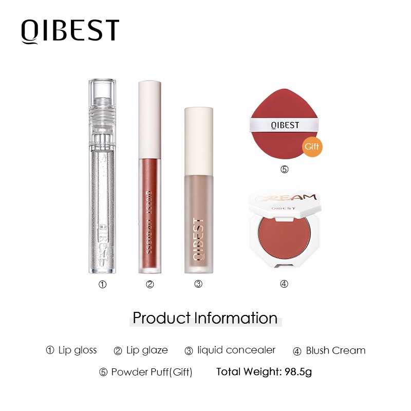 Set mỹ phẩm QIBEST gồm son bóng + son môi + kem che khuyết điểm + má hồng + mút trang điểm