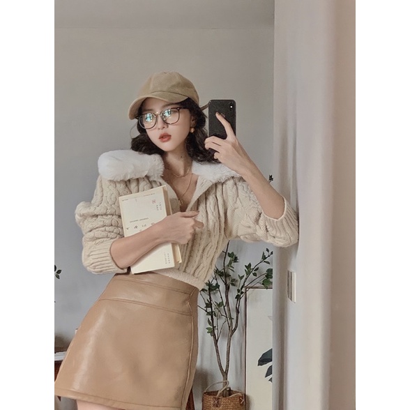 Set Áo Khoác Len Cổ Lông Winter Sweater + Chân Váy Da Lót Lông Cừu Chất Dày Dặn Siêu Ấm Áp Cho Nữ