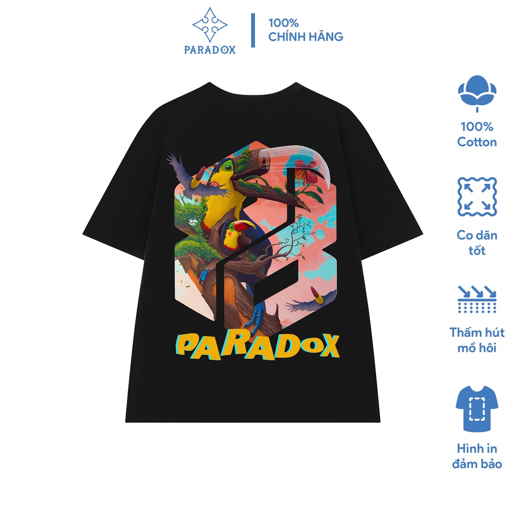 Áo thun form rộng Paradox tay lỡ - Unisex - In hình - PARROT NEW LOGO - Màu đen