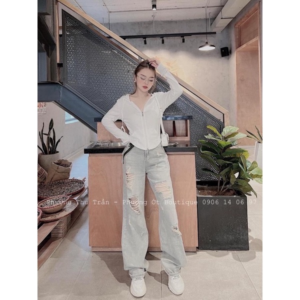 Áo khoác len tăm rút dây túi trước kéo khoá có mũ