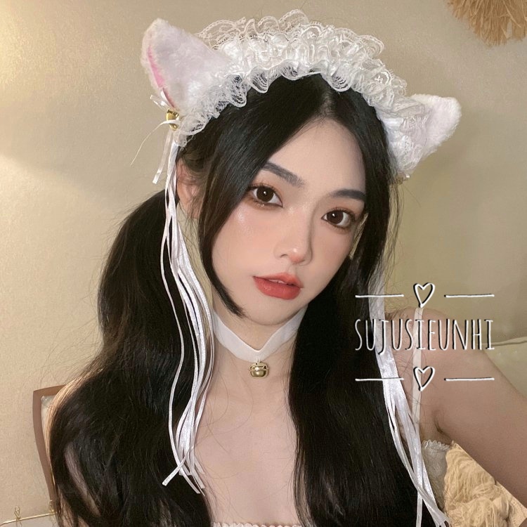 (đen,trắng) Bờm tóc tai mèo đính chuông buộc nơ tua rua thả dài dễ thương, băng đô cosplay nekochan