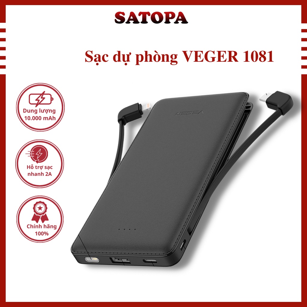 Cục sạc dự phòng 10000mah VEGER VP1081, pin dự phòng mini nhỏ gon tích hợp cáp sạc TypeC Lighning tiện lợi - SATOPA