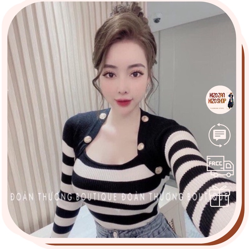 G37. 1300. ÁO LEN CỔ VUÔNG ĐÍNH KHUY VAI
