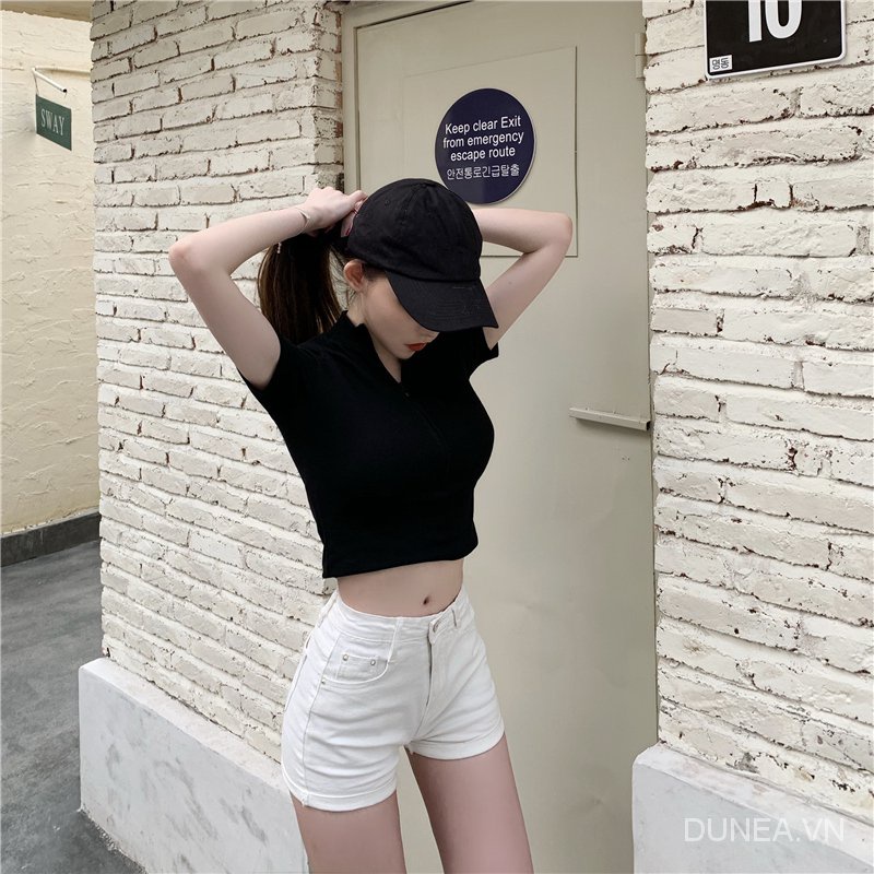 DUNEA Quần đùi denim cạp cao thời trang đơn giản rnc6