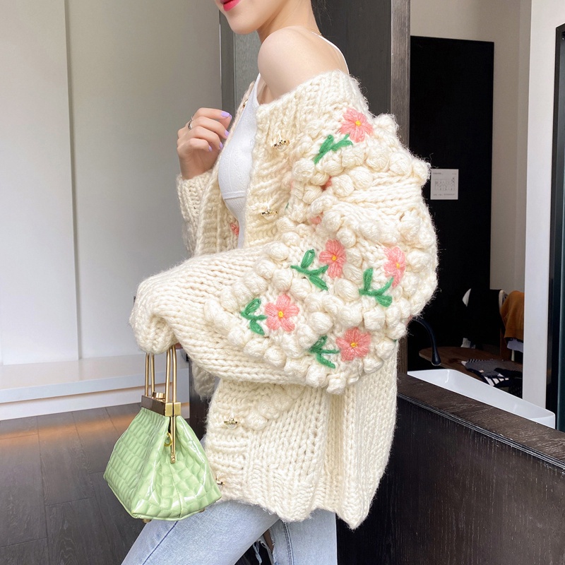Áo Khoác Sweater Dệt Kim Tay Dài In Hoa Dễ Thương Cho Nữ