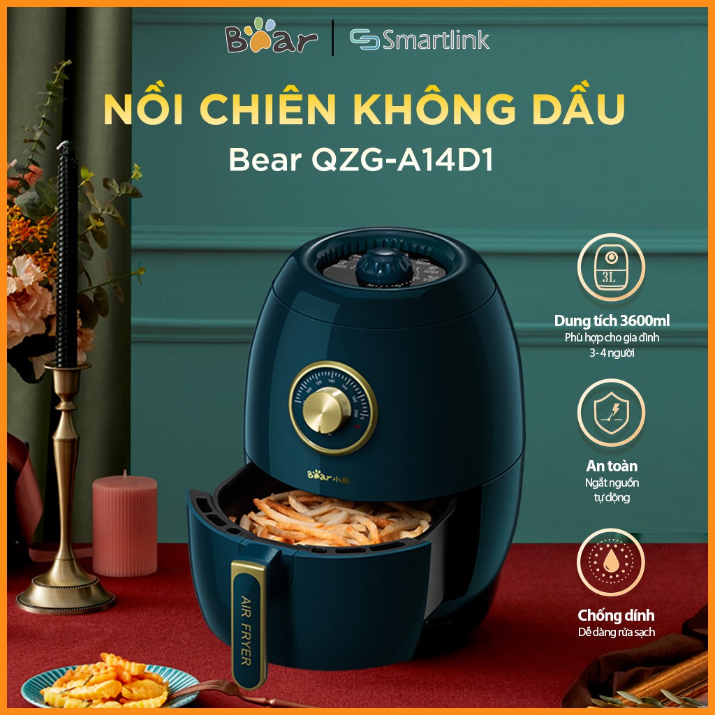 Nồi Chiên Không Dầu Bear 3L, Lòng Nồi Thép Không Rỉ Phủ Chống Dính QZG-A14D1 - Hàng Chính Hãng - Bảo Hành 18 Tháng