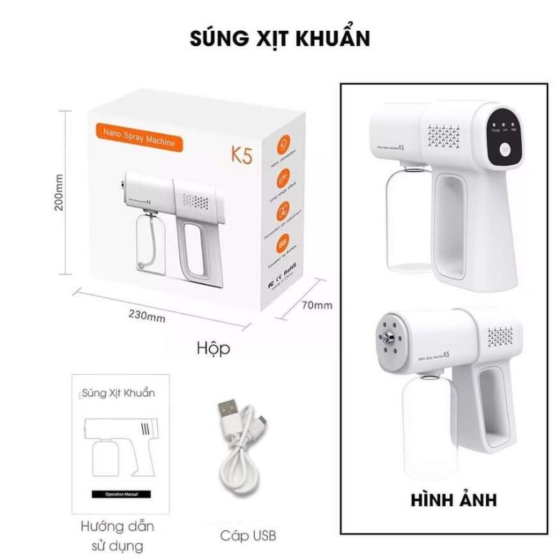 Máy xịt khử khuẩn K5 &amp; K5 Pro , Súng xịt khử trùng cầm tay công nghệ Nano có 8 led K58UV [CEC Store]