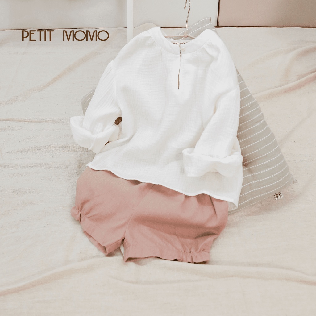 Áo Sơ Mi Cổ Tàu Cho Bé PETIT MOMO Chất Vải Thô Muslin Mềm Mại Thiết Kế Cổ Cài 1 Khuy Tay Áo Bo Chun H185