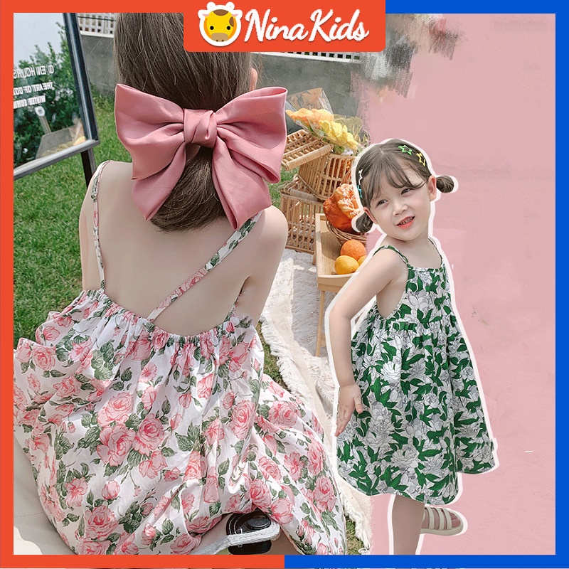Đầm sát nách  in họa tiết hoa hồng dễ thương thiết kế hở lưng thời trang cho trẻ em 1-6 tuổi