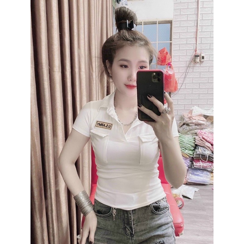 Áo thun body nữ có cổ phối túi có lo gô | BigBuy360 - bigbuy360.vn