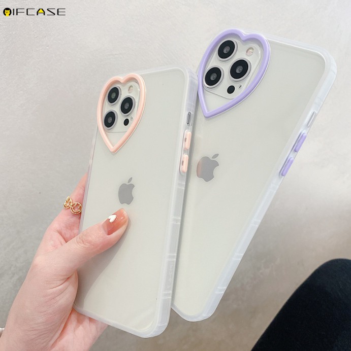 iPhone 12 11 Pro Max XS Max XR XS X 7 8 Plus Phone Case Love Loving Heart Camera Lens Hole Transparent Clear Cute Purple Pink Simple Soft TPU Casing Case Cover