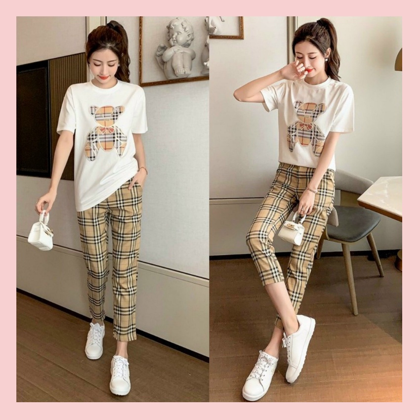 Bộ Thun Cao Cấp  Áo Thun Gấu Tay Cộc Và Quần Họa Tiết Caro Sọc, Bộ Thể Thao Năng Động Cá Tính-Size: M-L-XL-2XL