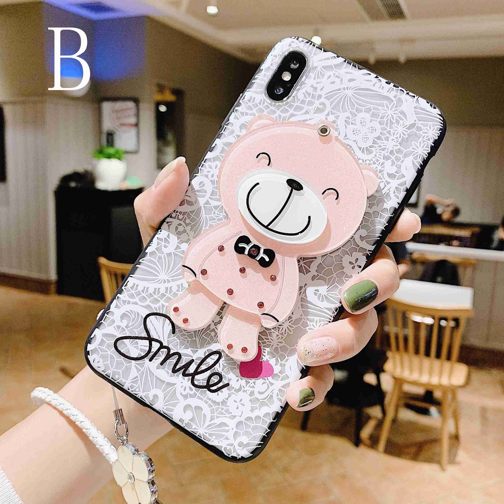 YSW OPPO R9S R15 R17 Reno 2 F3 Plus R11 R11S Plus Cartoon Bear Kitty Cute Black Design with Mirror Cute Phone Cases