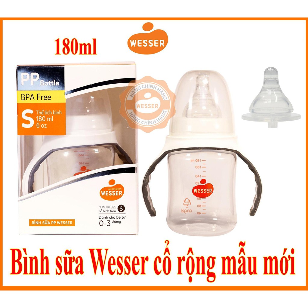 [MẪU MỚI] BÌNH SỮA WESSWER CỔ RỘNG NHỰA PP BPA FREE TAY CẦM 180ML