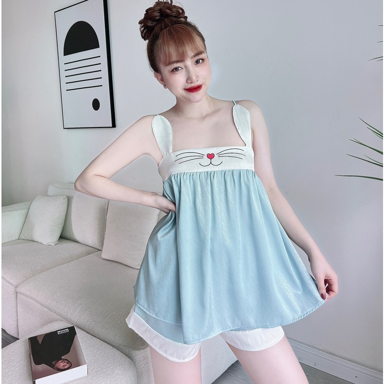 Bộ Mặc Nhà Nữ SOJUN chất liệu Lụa Xước Tô Châu Trơn In Hình Dưới 45-75Kg