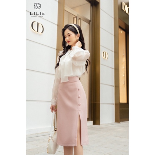 Blazer croptop 4 cúc hồng baby và chân váy bút chì hồng xẻ