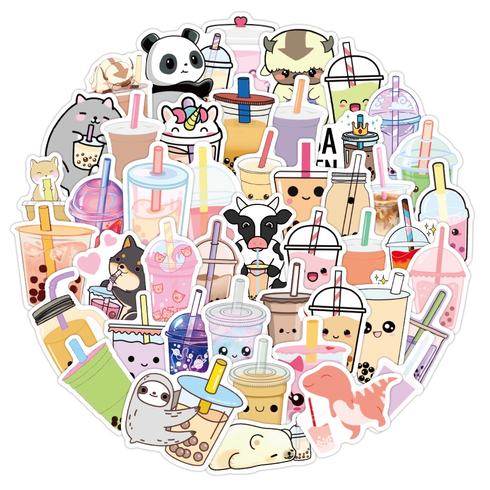 Hình dán Sticker 50 tấm trà sữa cute chống nước dán laptop 110