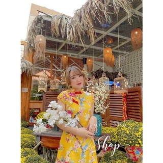 Đầm sườn xám gấm vân nổi (3 màu: Hồng/ Vàng/ Xanh)
