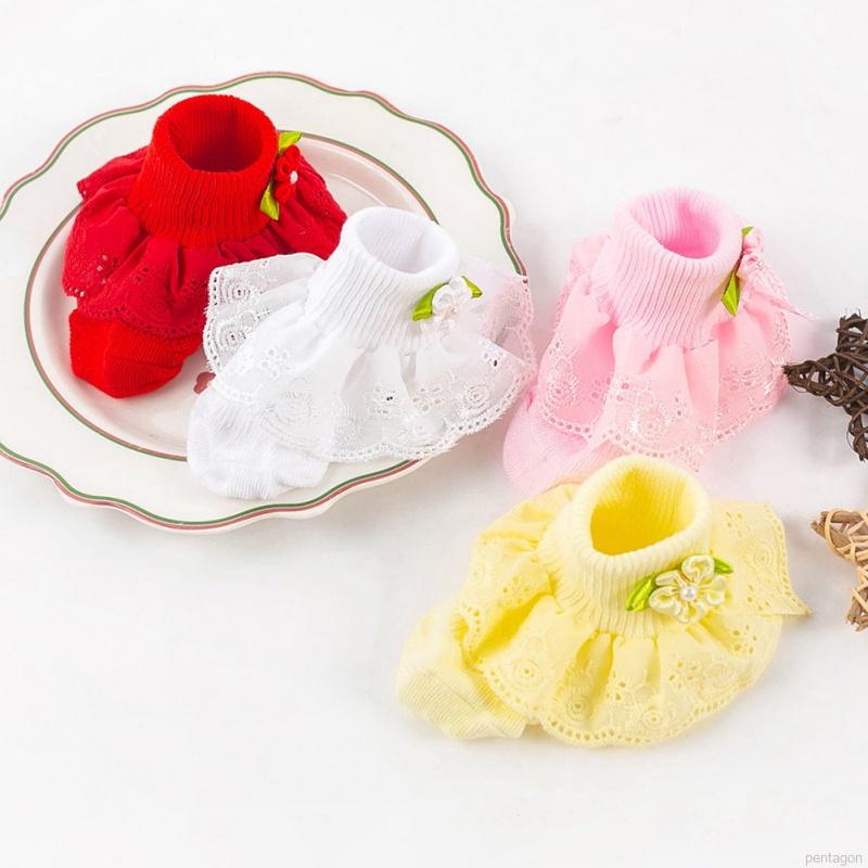 Tất cotton phối ren hoa đính nơ cho bé gái sơ sinh từ 0-1 tuổi