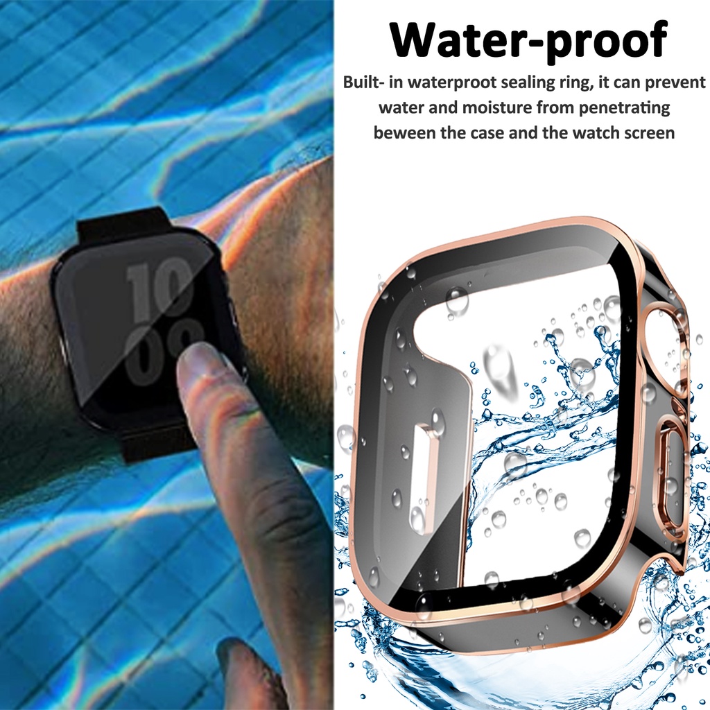 Ốp Bảo Vệ Bằng PC Cứng + Kính Cường Lực Bảo Vệ Màn Hình Cho Apple-Watch Series 7 41mm 45mm chống thấm nước,Ốp Lưng PC Bumper Case for AppleWatch Series SE 40mm 44mm Cover
