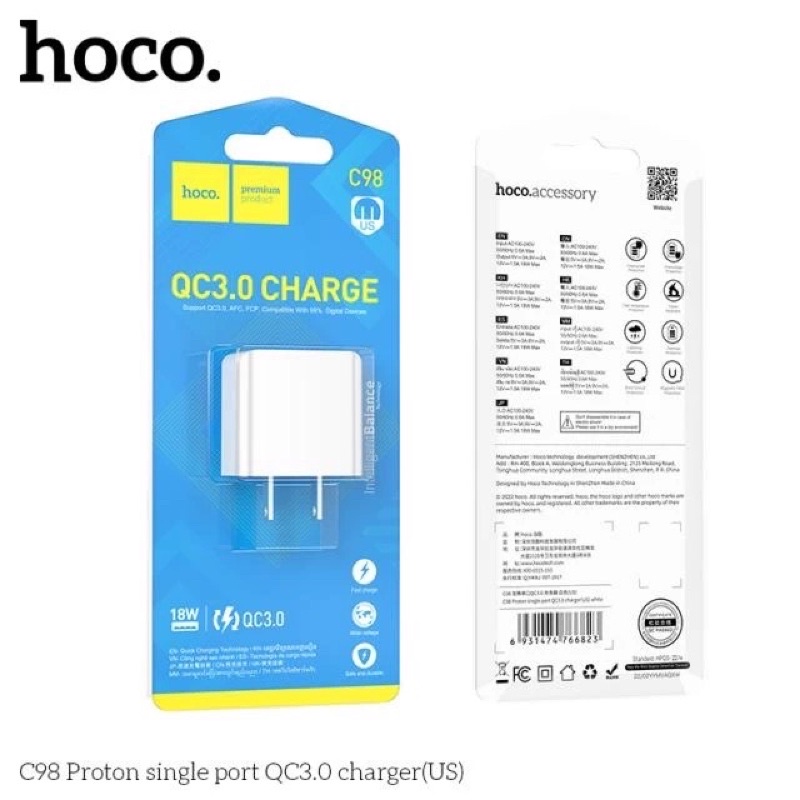 Củ Sạc Hoco C98 18w, Hỗ Trợ Sạc Nhanh Thông Minh, Chất Liệu ABS Chống Cháy, Thiết Kế Nhỏ Gọn, An Toàn Khi Sử Dụng.