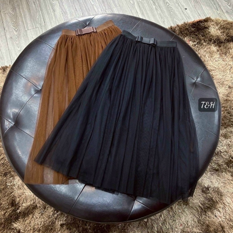 CHÂN VÁY REN DÁNG MIDI DÀI CẠP CHUN NƠ BỒNG BỀNH QUẢNG CHÂU MS18991