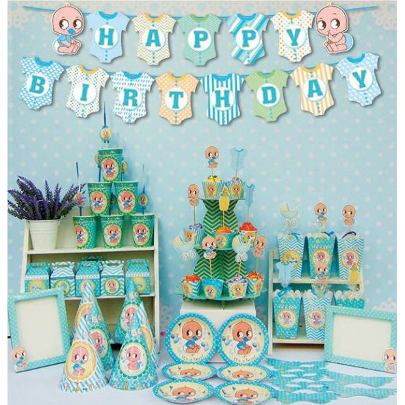 Phụ kiện trang trí sinh nhật cho bé trai chủ đề baby xanh
