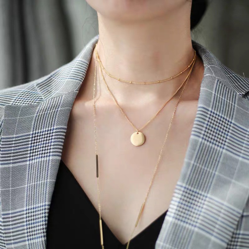 Dây Chuyền Ngắn Hai Lớp Mạ Vàng 18K Phong Cách Âu Mỹ Đơn Giản Dễ Phối Đồ Không Gây Dị Ứng Có Thể Chạm Vào Vòng Tròn