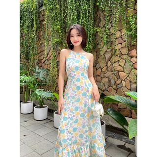COLUS - Đầm hoa cổ yếm kèm dây thắt nơ