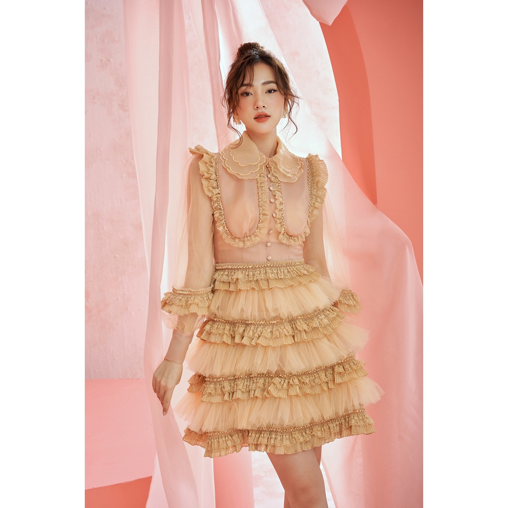 MADDY HATES ROSE- Đầm nude organza ren tầng