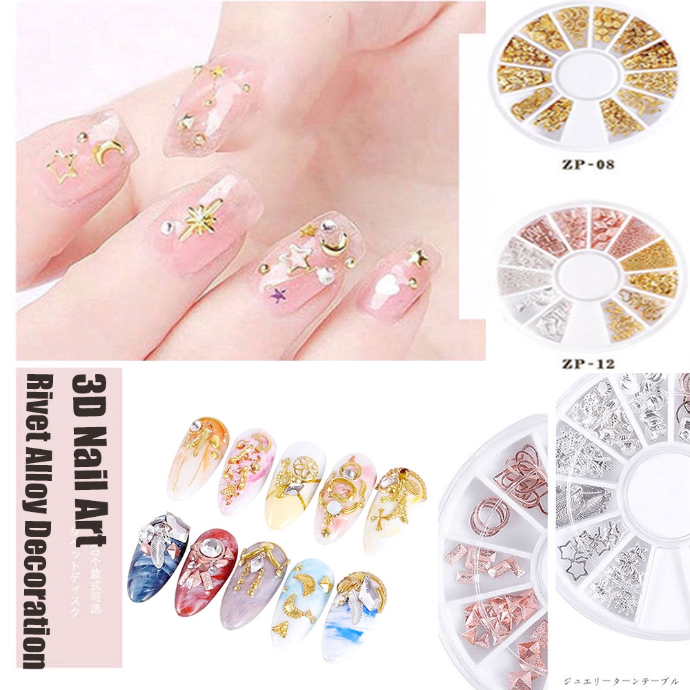 9 Style Nail Art Wheel Rose Gold/Silver/Gold 3D Nail Studs Rivet Metal Star Mixed Patterns Flat-back DIY Metal Nail Decoration